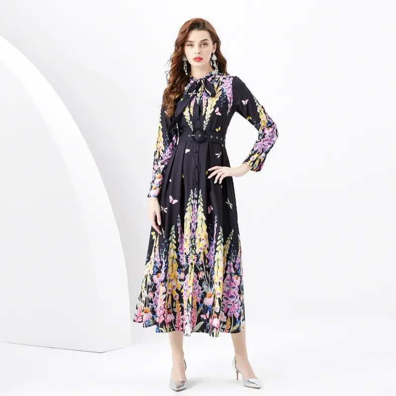 Elegant Ribbon Collar Floral Black Midi Dress Designer Women Print Long Sleeve Pleated Cardigan Shirt Dresses Ladies A-line Casual Office Party Clothes Frocks