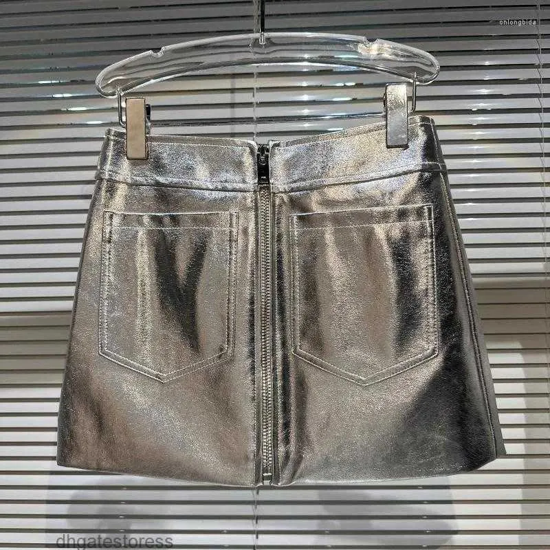 Skirts Shiny Pu Leather Zipper Design Womens Streetwear High Waist Trend Pocket Wrap Hip Skirt Female 2024 Spring
