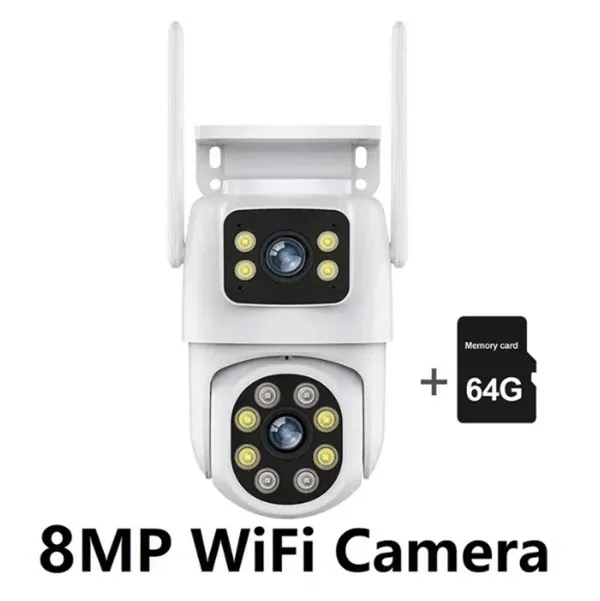 Câmera de segurança 4K 8MP PTZ Wifi lente dupla com tela dupla Ai Auto Tracking Câmera de vigilância CCTV sem fio Smart Life com cartão de memória 64G