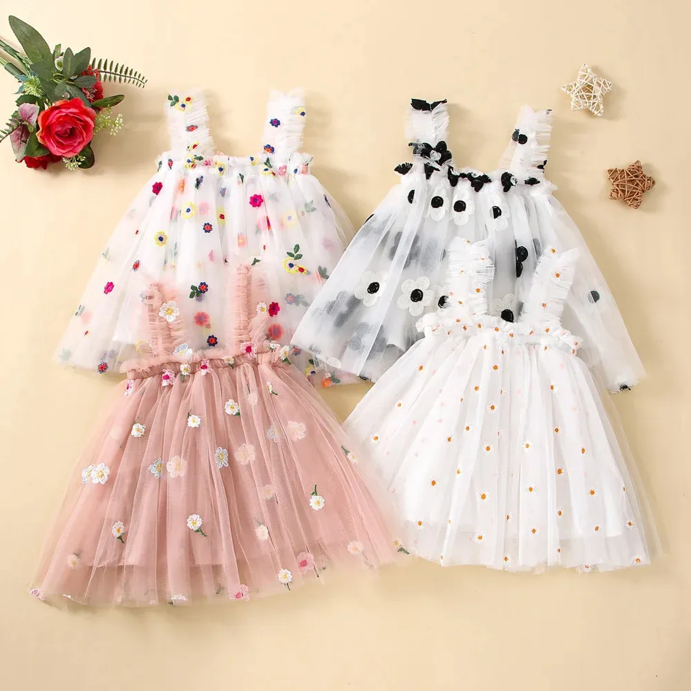 Baby Girl Clothes Multi Colored Brodered Floral Mesh Camisole Cute Dress Party Princess Fluffy Dresses 240325