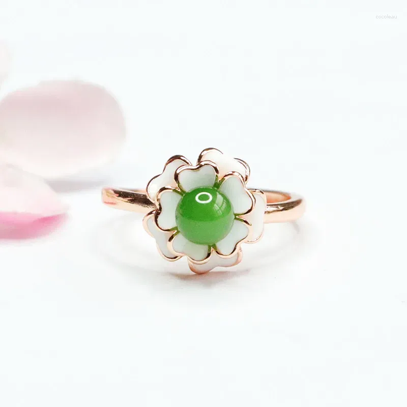 Cluster Rings Natural Green Hand Carved Water Drop Jade Ring Fashion Boutique Women's Flower With Adjustable Opening