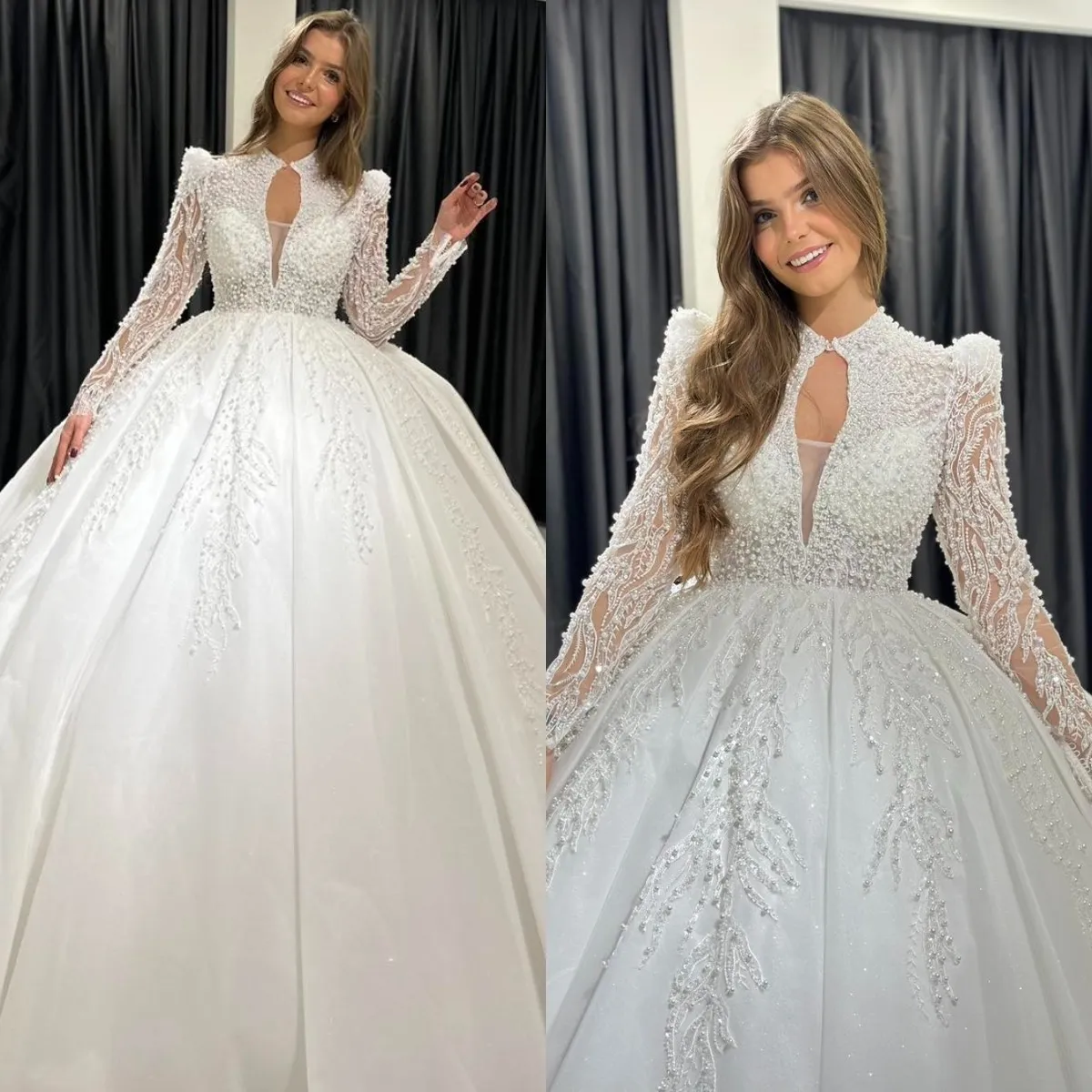 Stunning pearls ball gown Wedding Dress for bride beads lace keyhole wedding dresses bridal gowns Vestido De Noiva long sleeves robe mariage