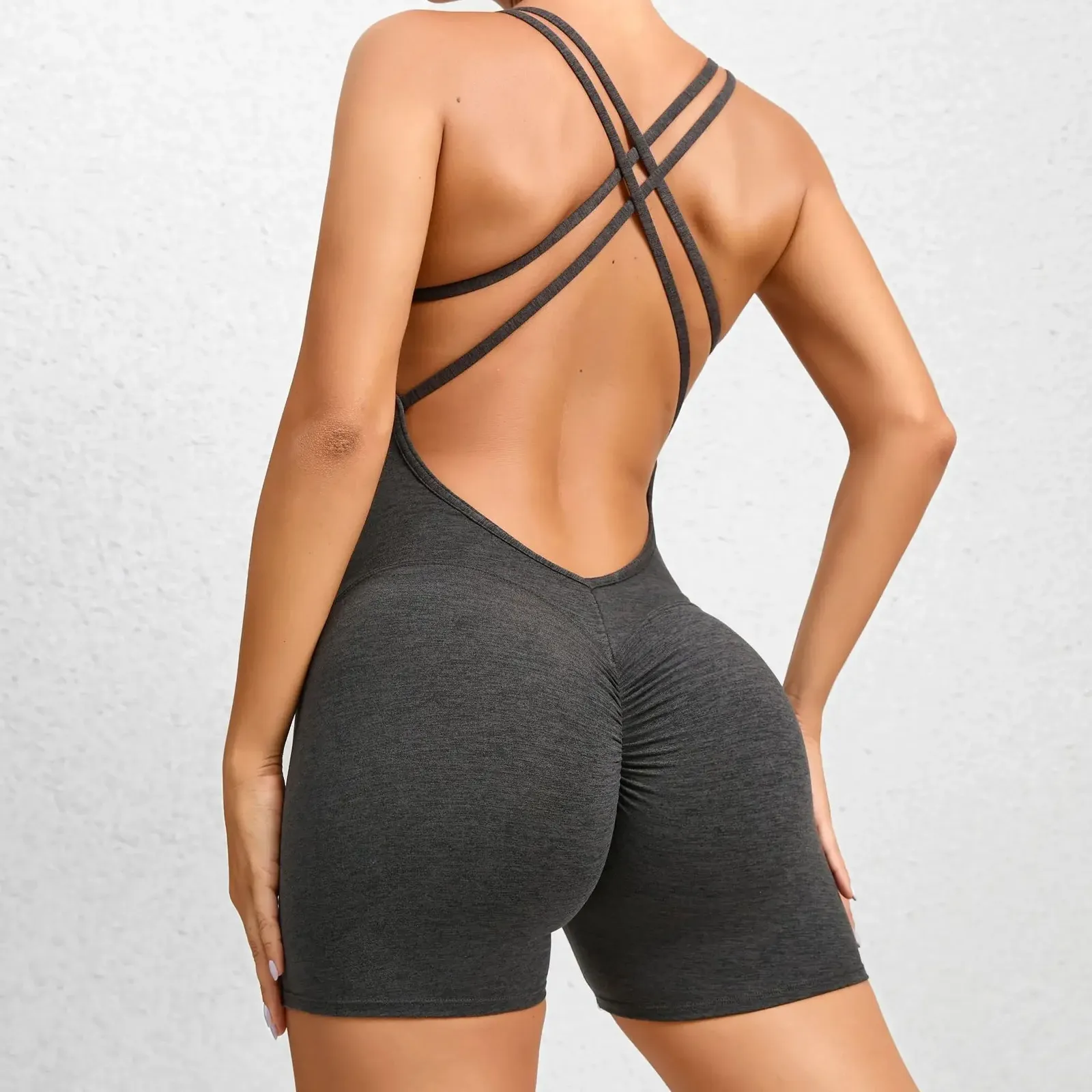 Sexy Backless Scrunch Sporty Apertado Macacão Levanta Bunda Playsuit Mulheres Romper Verão Ginásio Fitness Macacão Curto One Pieces Set 240312