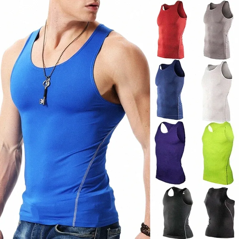 Homens Esporte Fitn Tees Colete Cor Sólida Verão Ginásio Regatas Colete Túnica T-Shirt Workout Compri Base Stretch Sports Q9Mo #