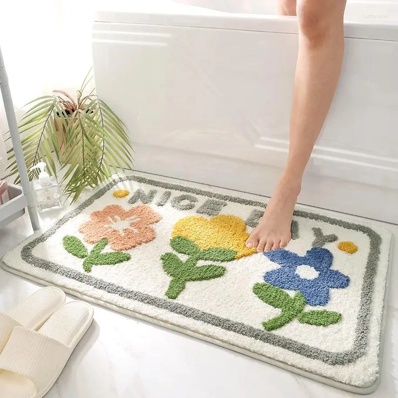 Carpets Thickened Flocking Floral Bath Mat Non-slip Absorbent Microfiber Bathroom Rug Home Entrance Door Super Soft Carpet