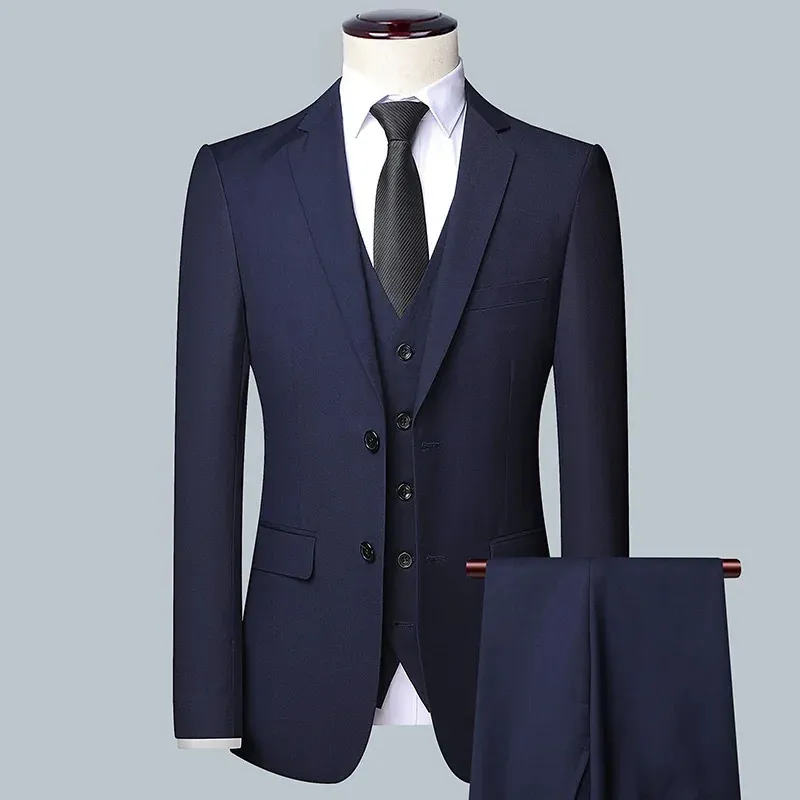 Высококачественный однотонный костюм, жилет, брюки, мужской деловой деловой костюм 3/2, деловой костюм для жениха и мужчины 240314