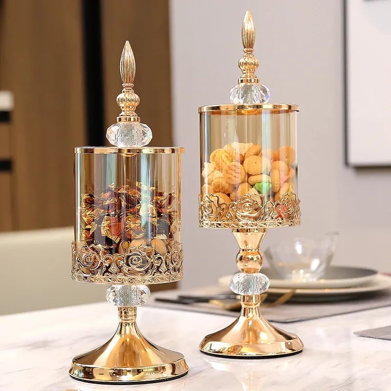 Jars Europäisches Kristallglas-Vorratsglas mit Deckel, luxuriöses Rosen-Bonbonglas, vergoldet, Aufbewahrung, dekorative Ornamente, Kunst, Heimdekoration