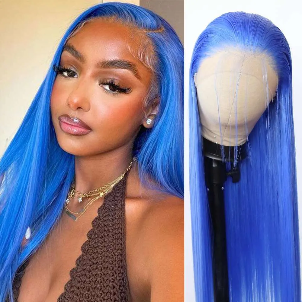 Btwtry Long Straight Blue Lace Lace Front Synthetic Synthétique Pré-cueillette Natural Hirline Wig Fibre Hair Hair Wig Fashion Fibre Woîtres.