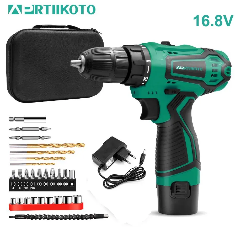 Boormachine Aprtiikoto 16.8v Cordless Drill Electric Screwdriver Trådlös Power Driver DC Lithiumion Batteri 3/8inch