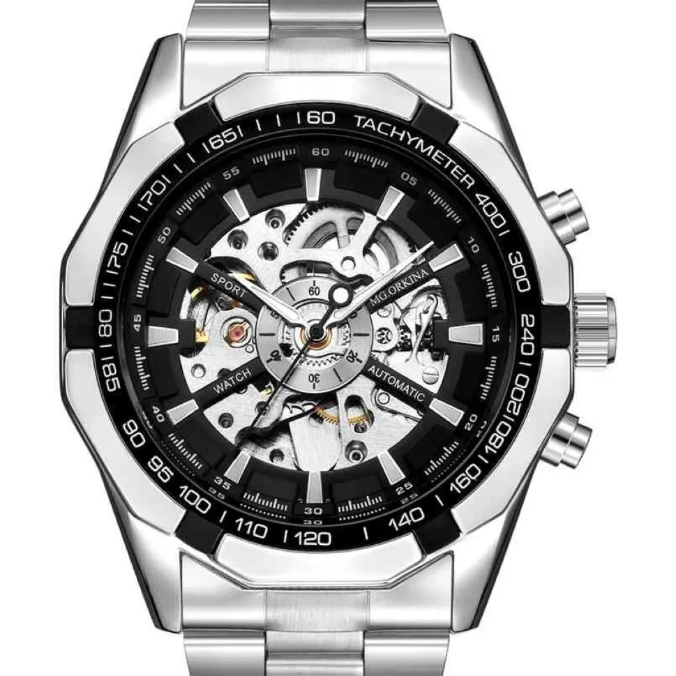ORKINA Zilver Roestvrij Staal Klassieke Designer Heren Skeleton Horloges Topmerk Luxe Transparant Mechanisch Mannelijke Polshorloge 2107266p