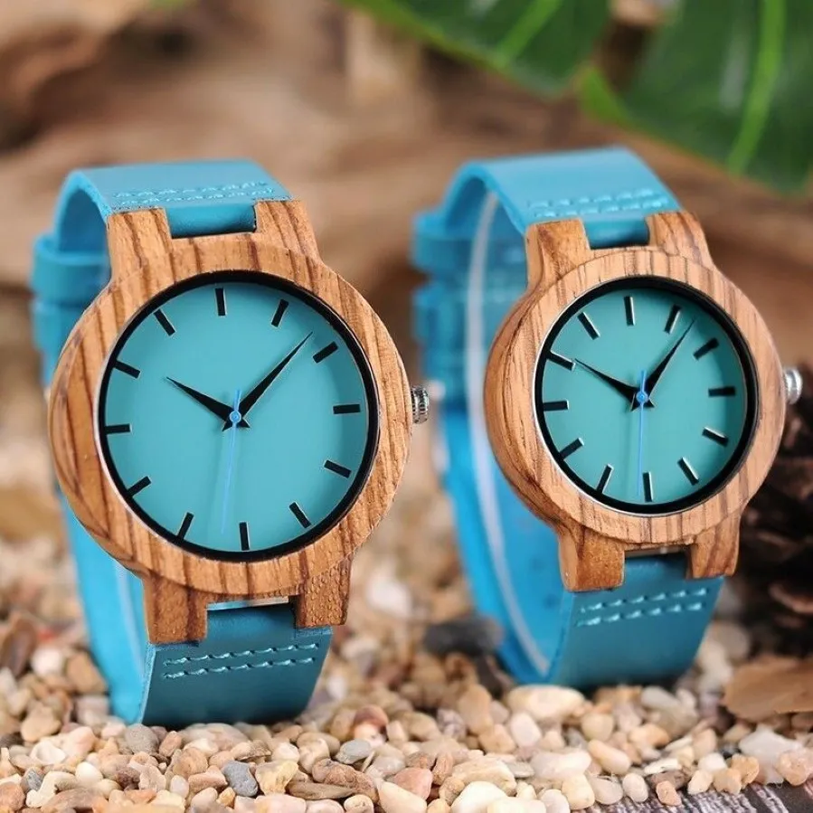 Orologio da polso al quarzo di lusso in legno blu royal Orologio da polso al quarzo naturale al 100% Orologio in bambù naturale Cinturino in pelle casual Regali di San Valentino per Me295t