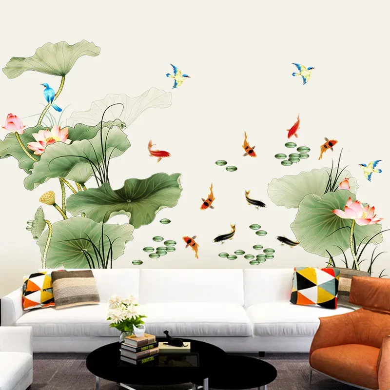 Autocollants Style chinois fleur de Lotus décor papier peint pour salon mur adolescent chambre décor Lotus mur Art autocollants Stickers muraux fleurs