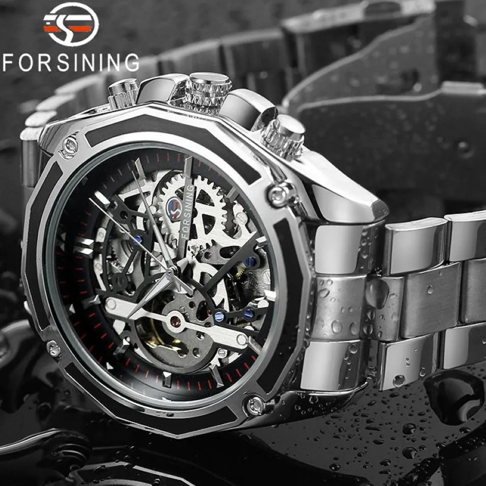 Forsining Hommes Montre En Acier Inoxydable Militaire Sport Montre-Bracelet Squelette Automatique Mécanique Mâle Horloge Relogio Masculino 0609 Y1903108