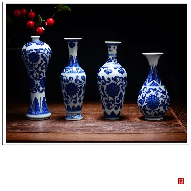 Vasos Jingdezhen Antigo Artesanal Pintado à Mão Azul e Branco Cerâmica Pequeno Vaso Artigos de Decoração Chinês Arranjo de Flores Criativas