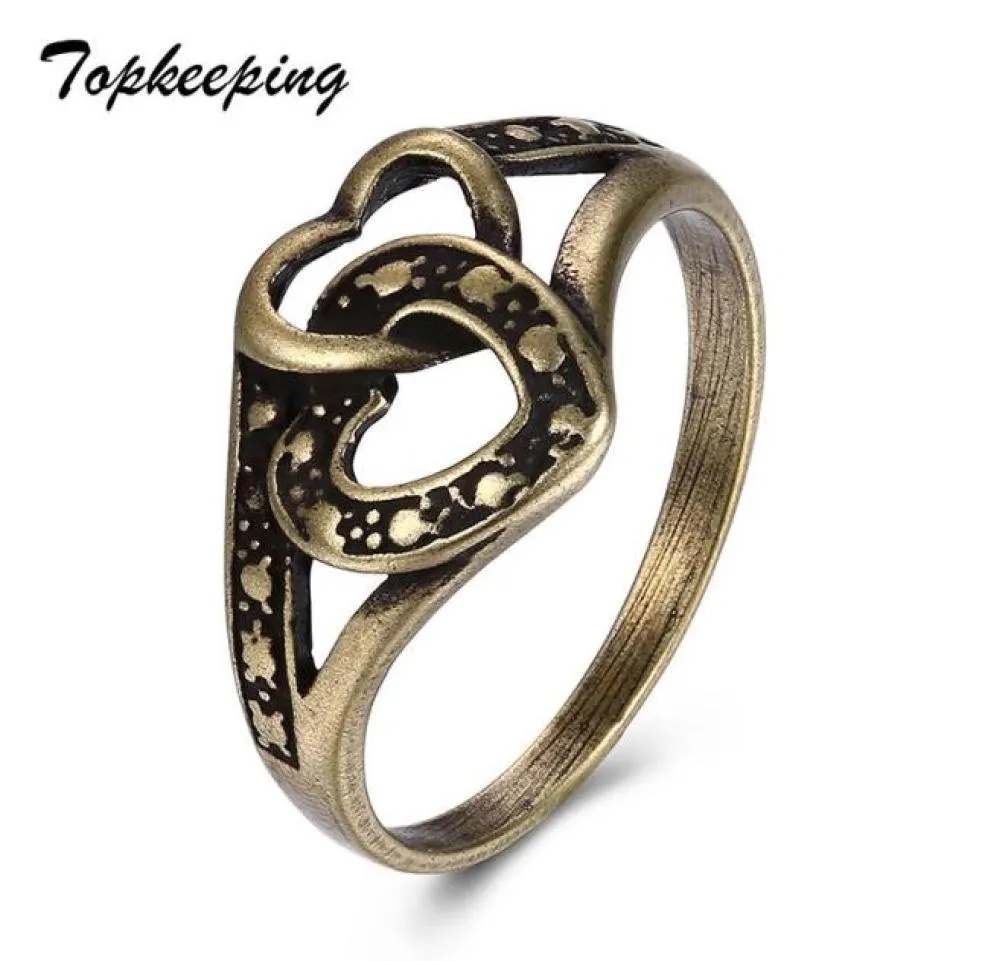 Bröllopsringar topkeeping märke kvinnor mode smycken retro stil brons färg finger ring vintage snidning ihålig ut dubbel hjärta 9659229