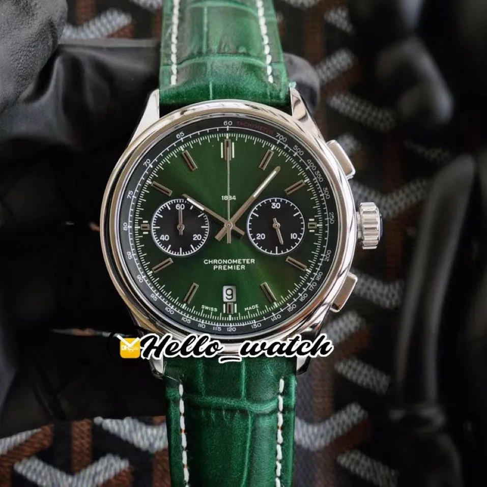 Новый Premier B01 Стальной корпус AB0118A11L1X1 VK Кварцевый хронограф Мужские часы Секундомер Зеленый циферблат Часы с зеленым кожаным ремешком Hello W200P