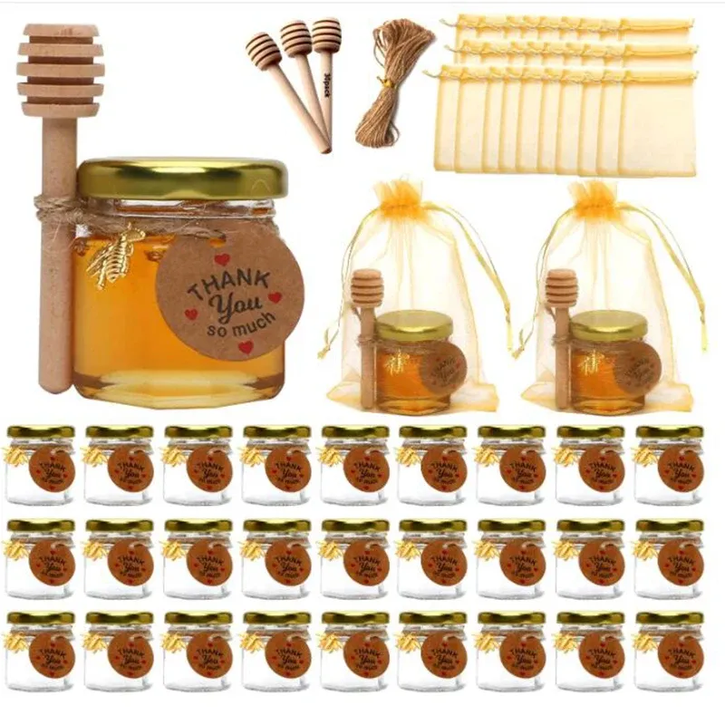 Barattoli 10/20PACK 1.5oz Mini barattolo di miele in vetro Barattoli di miele piccoli esagonali con mestolo in legno Coperchio dorato Ciondoli ape Sacchetti regalo in oro