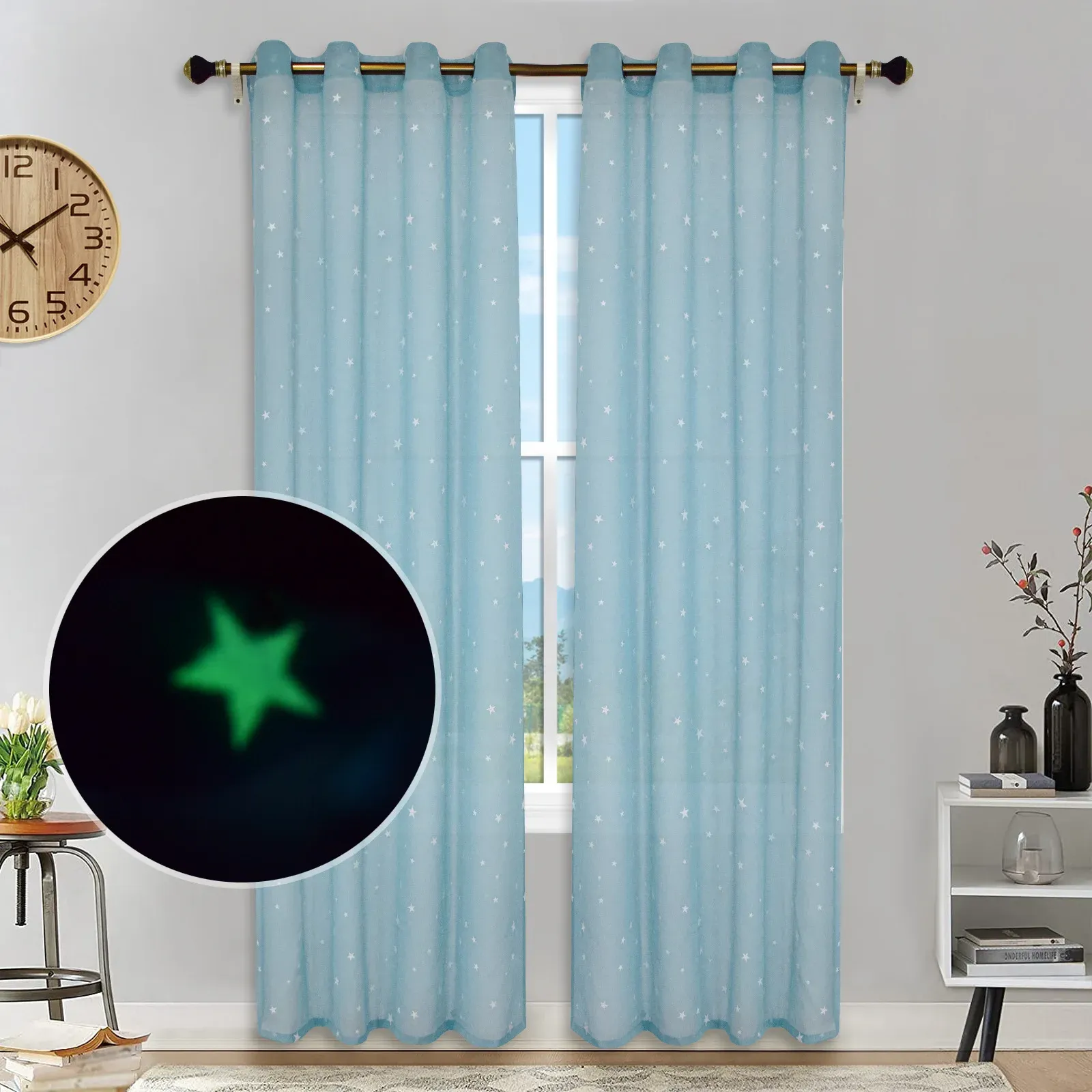 Rideaux lumineux à motif d'étoiles, séparateur à œillets, rideau transparent pour chambre d'enfants, chambre à coucher, salon, salle à manger