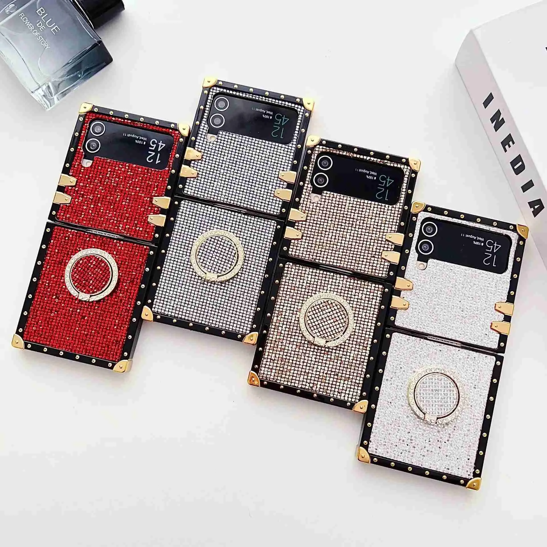 Casos de telefone celular nova moda de luxo quadrado jóias caixa de couro para samsung galaxy z flip 5 4 3 anel titular capa à prova de choque fundas glitter case h240326