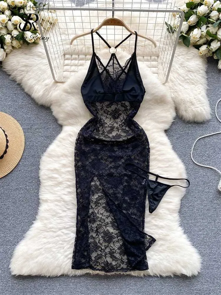 Sexy Set SINGREINY Summer French Sexy Evening Dress Colorful Hollow Camis Underwear Evening Dress Womens Split Ultra Thin Transparent Lace Pajamas C24325