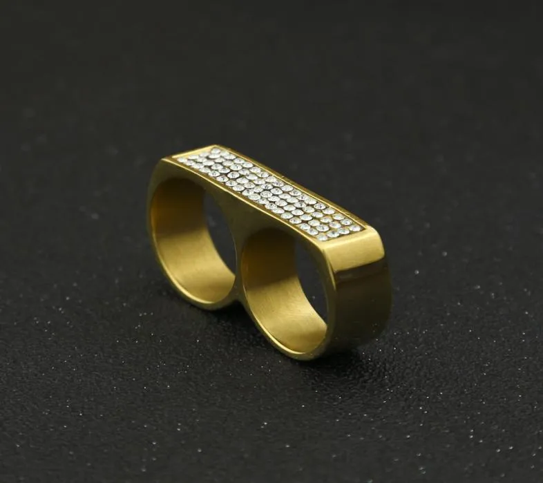 Heren dubbele vinger ring mode hip hop sieraden hoge kwaliteit Iced Out roestvrij staal gouden ringen1349929