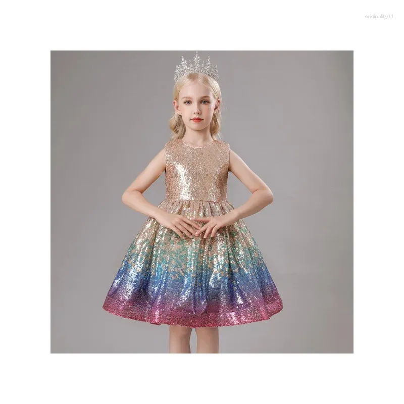 Vestidos de menina para meninas, sem mangas, infantil, princesa, gradiente, champanhe, dourado, lantejoulas, desfile, baile, 4-6 anos