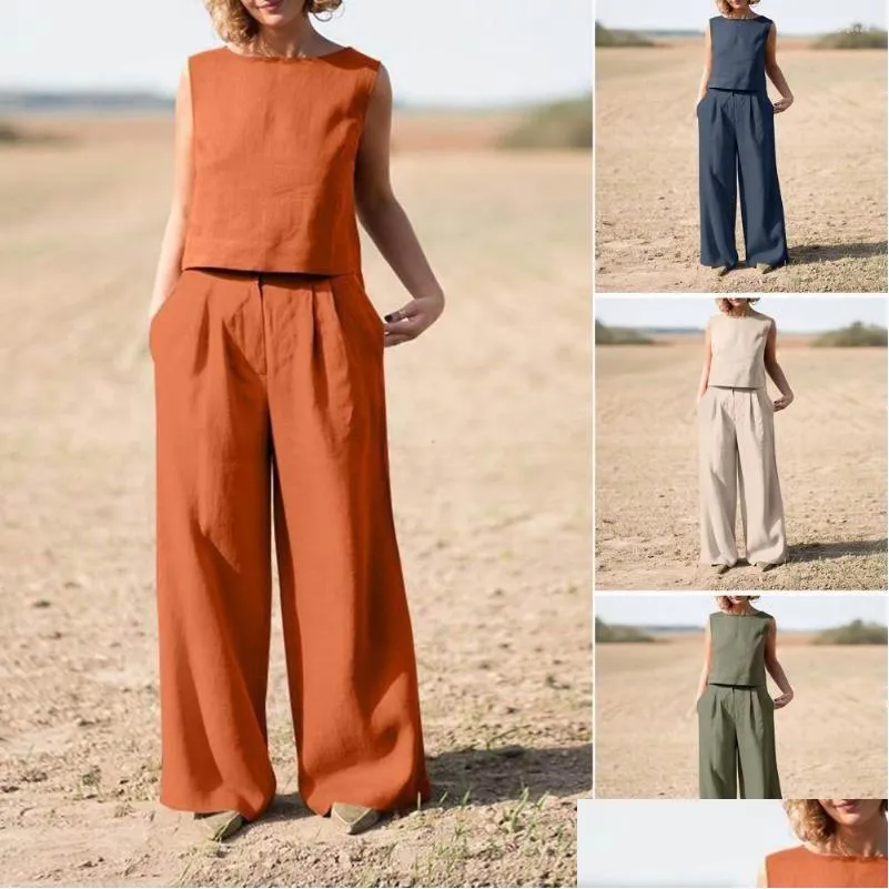 Damen zweisteuelhafte Hosen Sommer loser O-Neck oberen Weitbein eleganter Pfolloveranzug Frauen Stil Baumwollwäsche Drop Lieferung Bekleidung Kleidung Se otsde