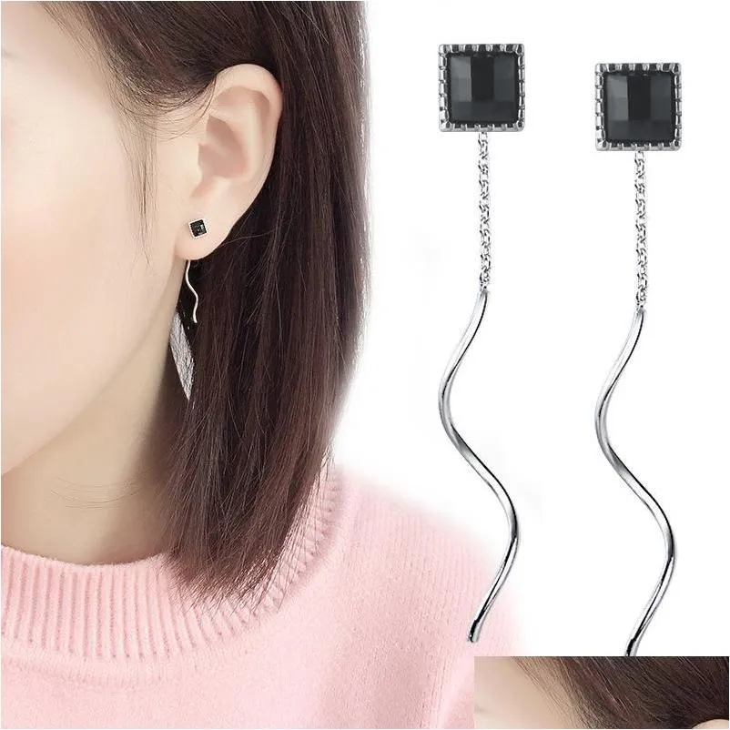 Dangle Lustre Arrivée Carré Noir CZ Z Boucles D'oreilles Bijoux Simple Vague Courte Gland Boucle D'oreille Pour Girangle Livraison Otzqj