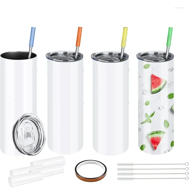 Mugs Sublimation Tumblers 20 Oz Straight Stainless Steel Blank Skinny Tumbler With Lid And Metal Straw - White 4 Pack CNIM