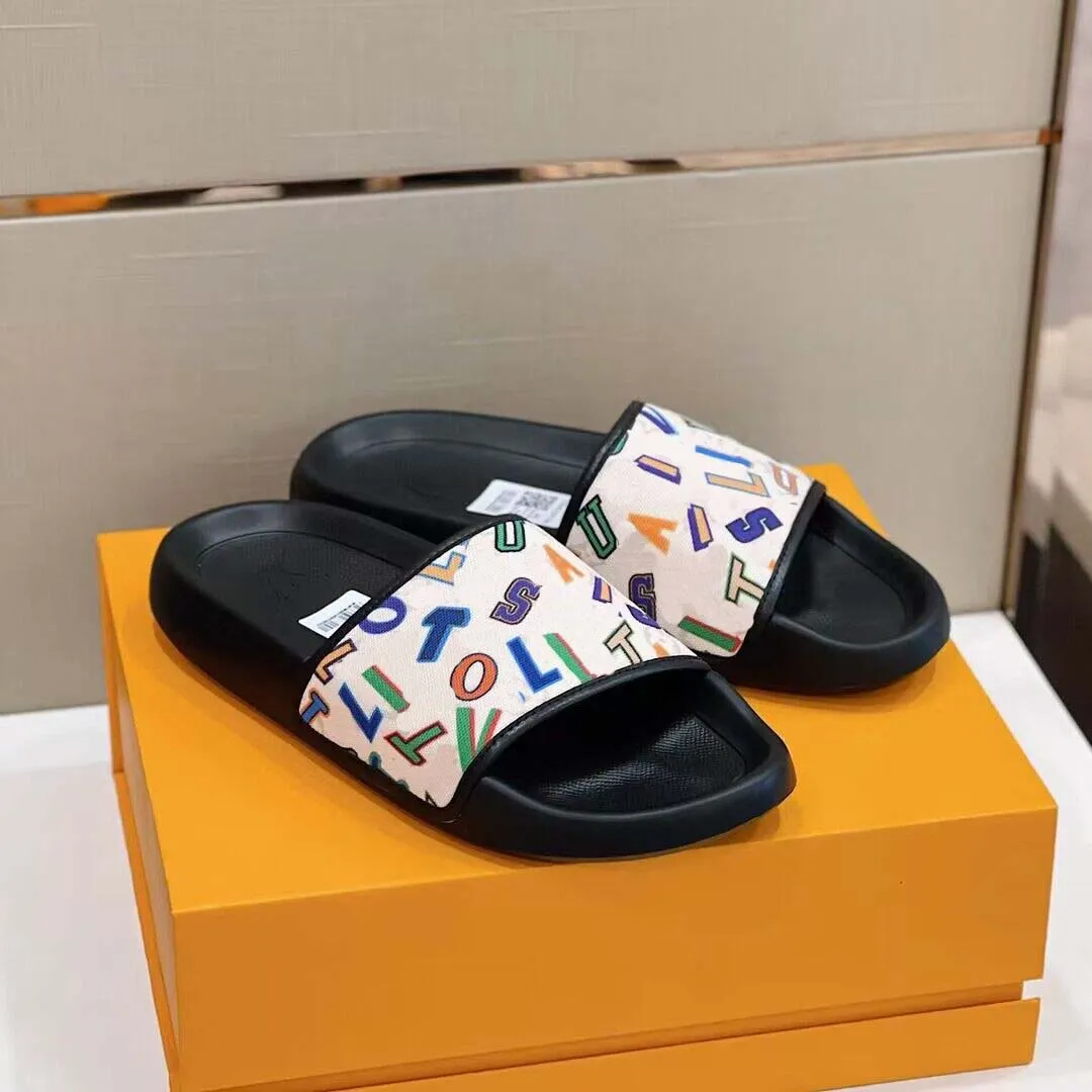 Pop Brand Summer Men Sandal Slipper Flats Waterfront Slide Mulas Flip-Flops Pool Zapatos Confort de cuero Impresión de diseño zapatos con caja 38-45EU