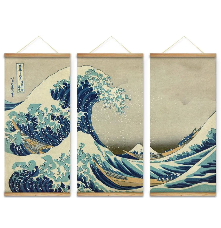 3 pièces Style japonais la grande vague au large de Kanagawa décoration mur Art photos suspendus toile peintures en bois pour salon 2924957