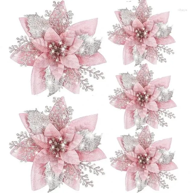 Décorations de Noël 5pcs Glitter Rose Fleur artificielle 14cm Fleurs Tête Ornements d'arbre de Noël Joyeux Décoration Année pour la maison