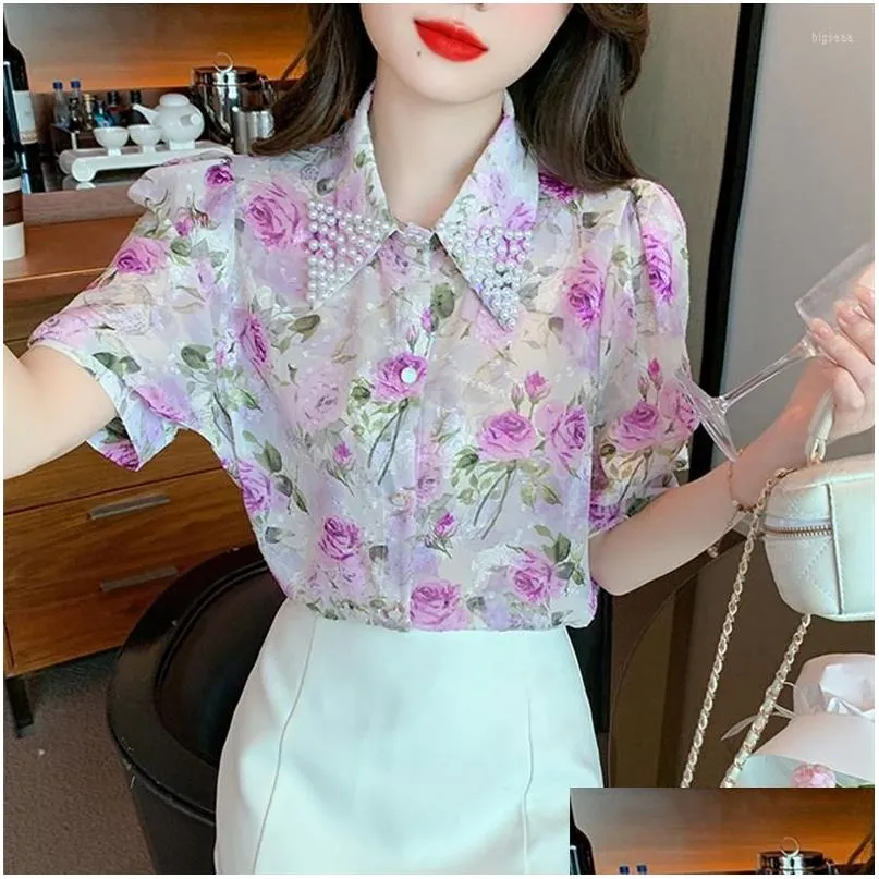 Womens Blouses Shirts High Quality Pearls Lapel Collar Floral Chiffon Shirt Women Tops 2023 Puff Sleeve Ol Elegant Blouse Blusas Camis Otxki