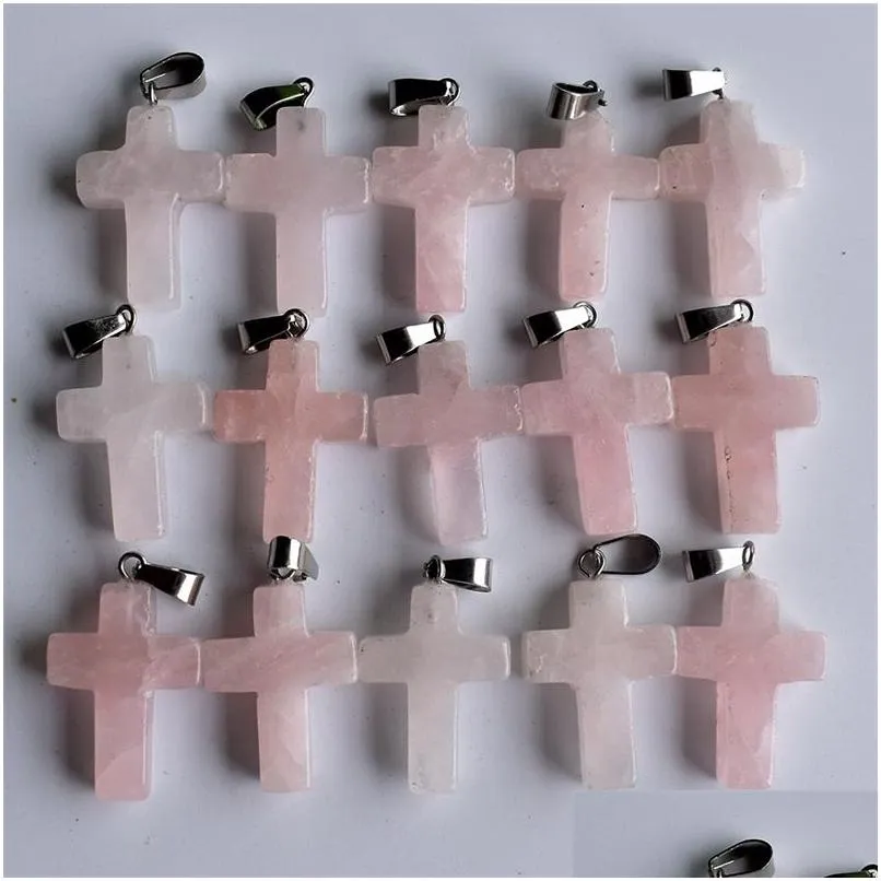 Encantos pedra natural rosa rosa quartzo opala tigres olho turquesa forma cruz branco preto cristal pingentes para colar acessórios jewe otcy0