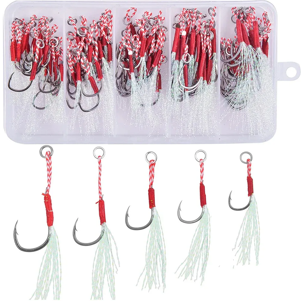 100 pcsbox cast jig assist hook gancio lento ganci da pesca di bassi spinata legata a pesca con gancio di pesca di mare di piume 240312