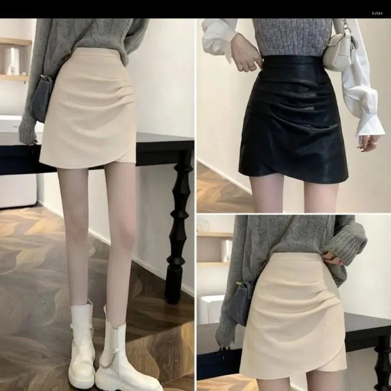 Skirts PU Leather Mini Women Autumn/Winter Sexy Solid Colour Pleated Female Casual High Waist A-line Short N25