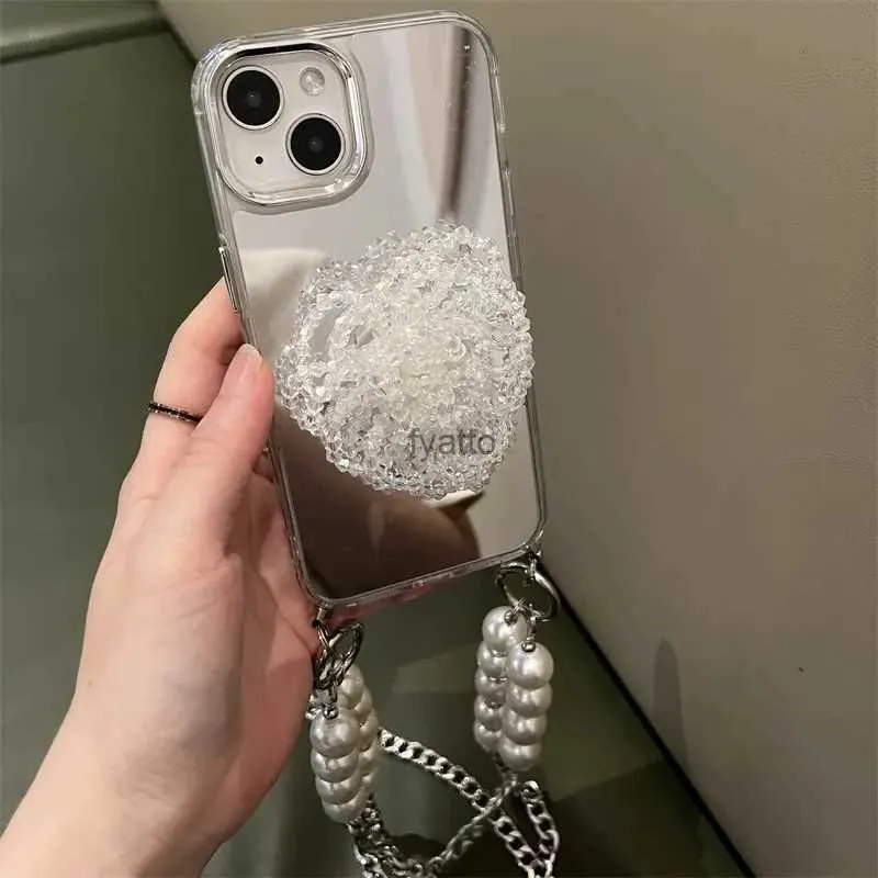 Mobiltelefonfodral Japan Korean Transparent Crystal Flower Bracket Crossbody Lanyard Chain Soft fodral för iPhone 13 12 11 14 Pro Max Mirror Cover H240326