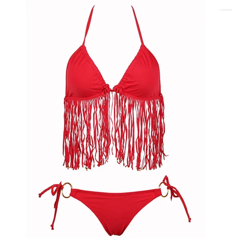 Kvinnors badkläder Sexig Tassel Red Bikini Kvinnor Swimsuit Push Up Micro Bikinis Set Swimming Bathing Strandkläder