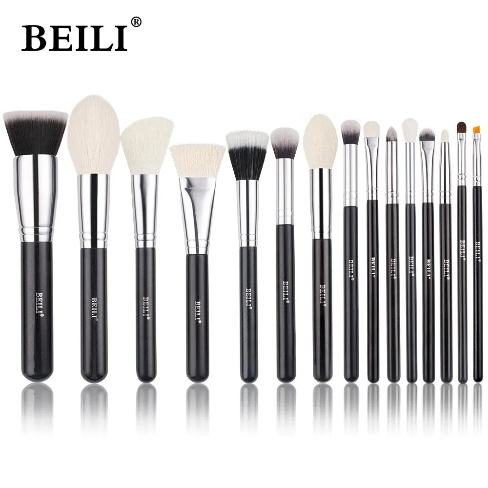 BEILI 15 stks Zwart Premium Geitenhaar Make-Up Kwasten Set Grote Poeder Foundation Blush Oogschaduw Contour Liner Make Up Kwasten gereedschap 240315