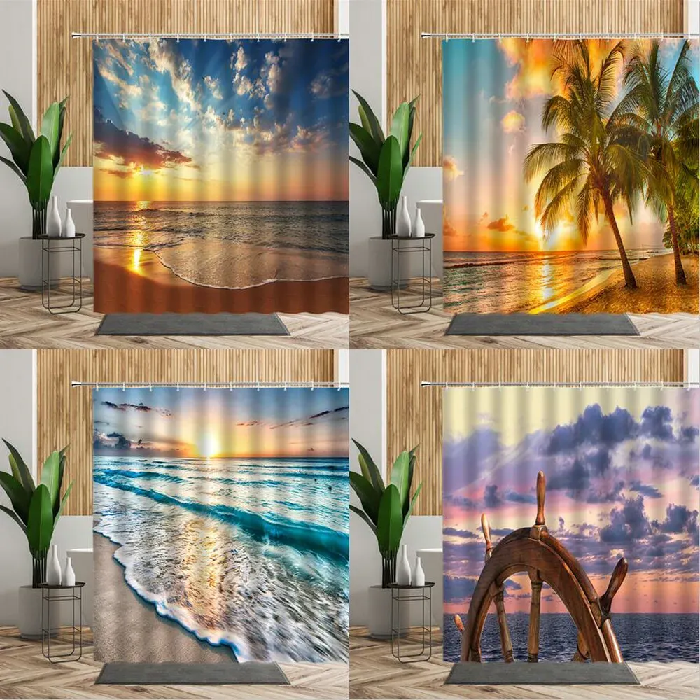 Tende Tramonto Mare Paesaggio Tenda da doccia Spiaggia 3d Decori per bagno Crepuscolo Scenario naturale Decorazione da parete Pittura Tende da bagno in tessuto