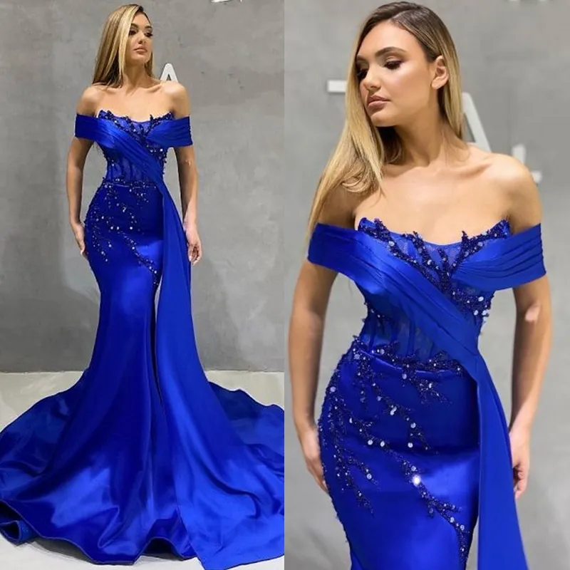 Robe de soirée sirène bleu royal élégante, paillettes perlées, épaules dénudées, longue robe de soirée formelle en satin, robe de bal sexy, vêtements pour occasions spéciales pour femmes