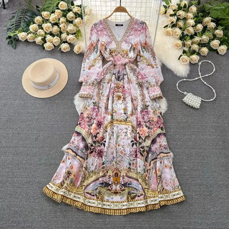 Sukienki swobodne wiosenne mody pas startowy wspaniały kwiat szyfonowy sukienka maxi deep v szyja z długim rękawem kwiatowy nadruk boho szaty vestidos 6549