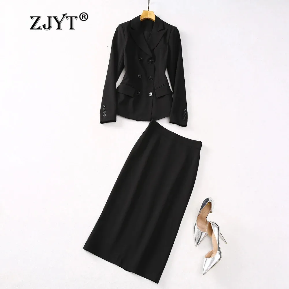 ZJYT Büro Dame Blazer Anzüge Bleistift Röcke Zwei Stück Kleid Sets für Frauen Elegante Outfit Frühling Schwarz Conjuntos De Vestidos 240315