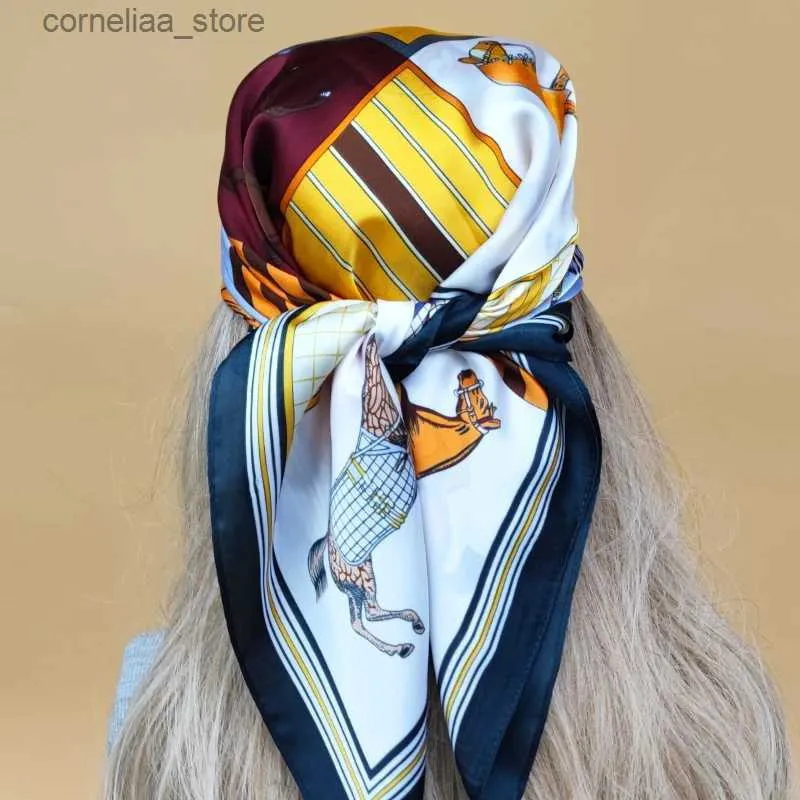 Bandanas Durag Bandanas Design 70x70cm Silk Hijab The Four Seasons Scalves Women New Style Square Headscarf Luxury Sunscreen Beach Kerchief Y240325