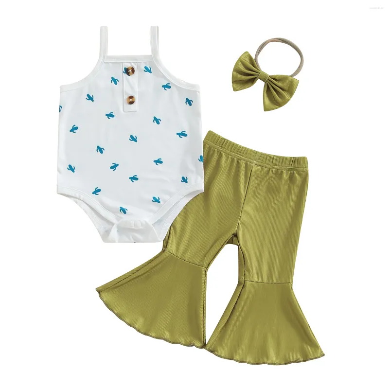 Ensembles de vêtements pour bébés filles, 3 pièces, pantalon sans manches, imprimé Cactus, barboteuse, bandeau évasé de couleur unie