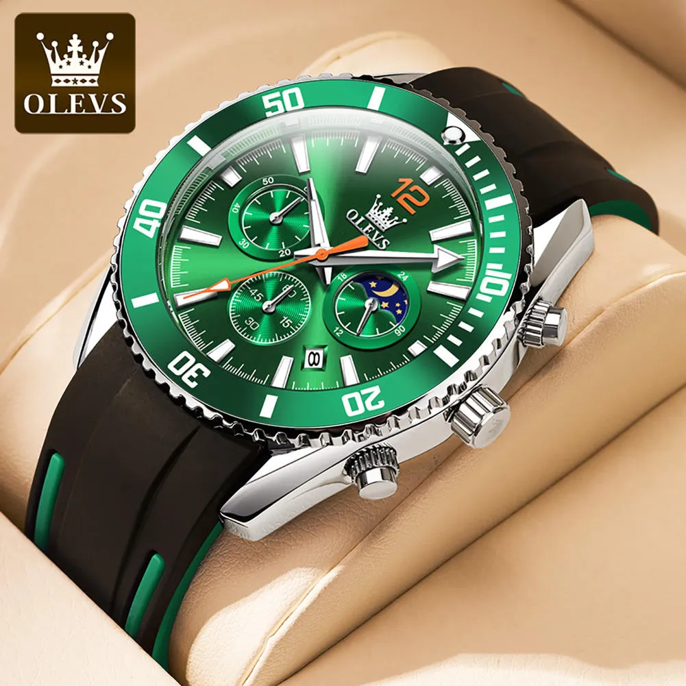 olevs 9916 Nuova serie classica sportiva di alta qualità quadrante verde Orologi di lusso da uomo Cronografo non automatico cinturino in caucciù orologio al quarzo impermeabile