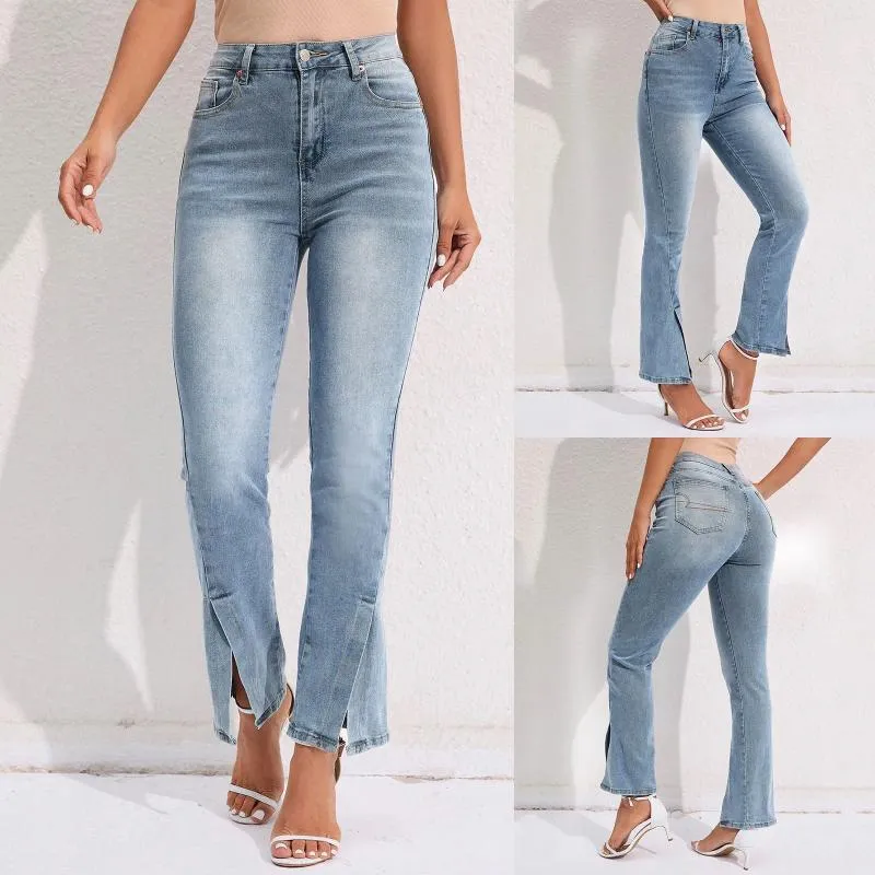 Jeans femininos 2024 calças jeans rasgadas bainha elástica com bolsos elegante perna reta versátil casual streetwear