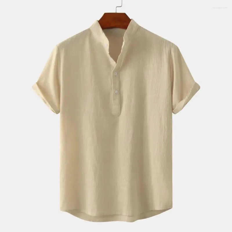 T-shirts pour hommes Chemise à encolure boutonnée Col montant élégant Boutonné pour les vêtements de plage d'affaires Manches courtes Couleur unie Coupe ample Top