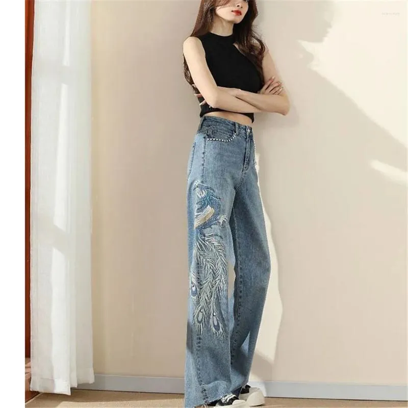 Jeans da donna Estate Phoenix Ricamo Tubo dritto Tendenza allentata Dimagrante Altoparlante Gamba larga Vita alta Casualmente versatile