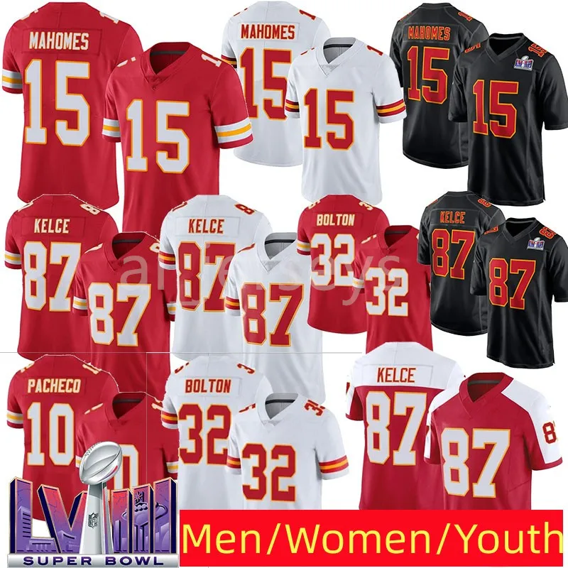 Patrick Mahomes Travis Kelce Isiah Pacheco futebol Jersey Smith-Schuster Nick Bolton Rashee Rice Creed Humphrey Jones Butker Edwards-Helaire Mulheres Juventude Mulheres Juventude